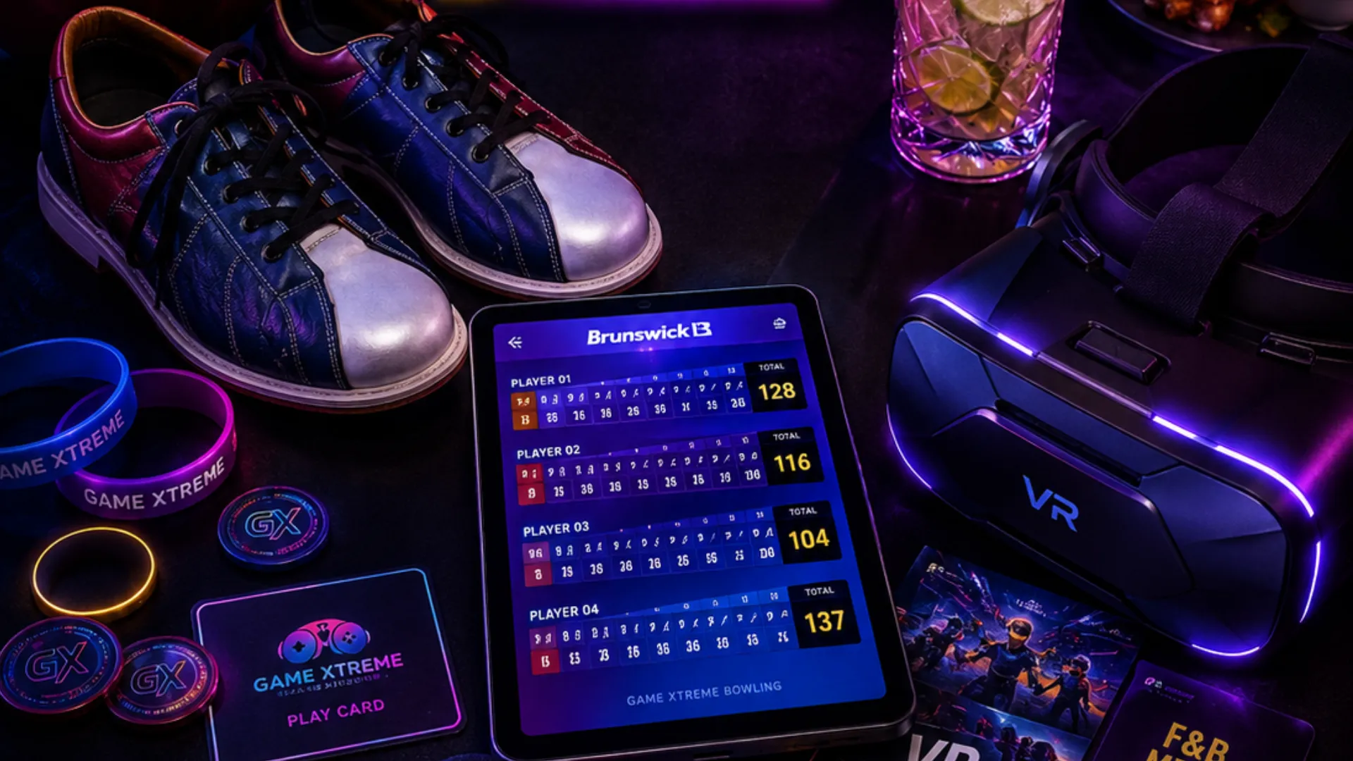 Game Xtreme bowling shoes, play card, VR headset and scoring tablet flat lay