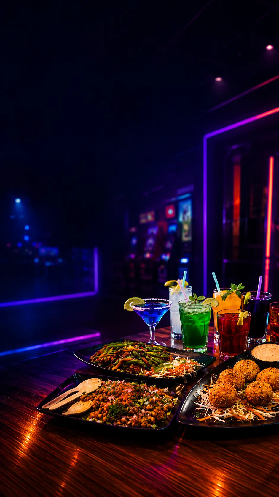 Colorful mocktails and paneer starter platters at Game Xtreme food counter