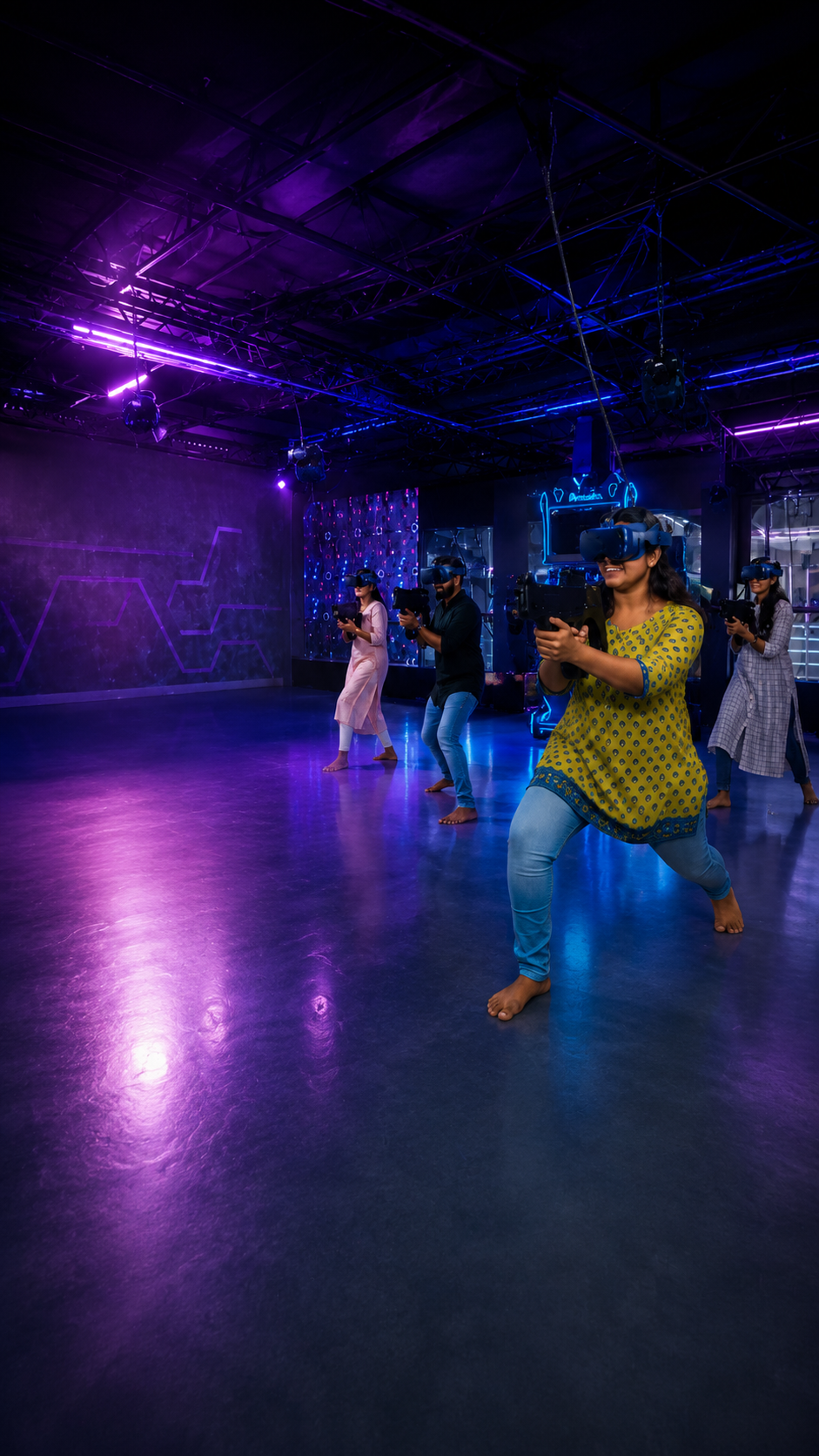 Player wearing VR headset with excited crowd watching at Game Xtreme VR Arena